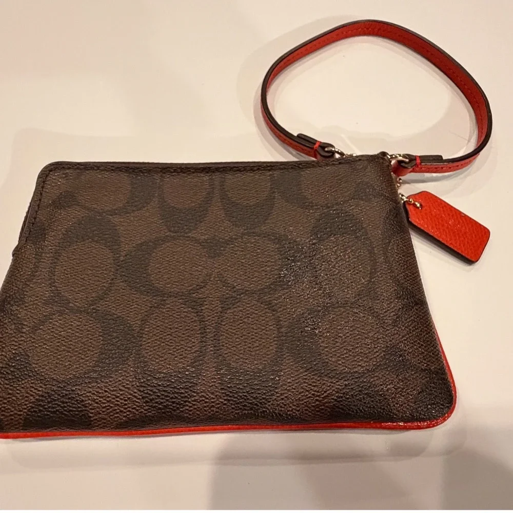Coach Signature Brown and Orange Stripe Corner Zip Wristlet Small Bag